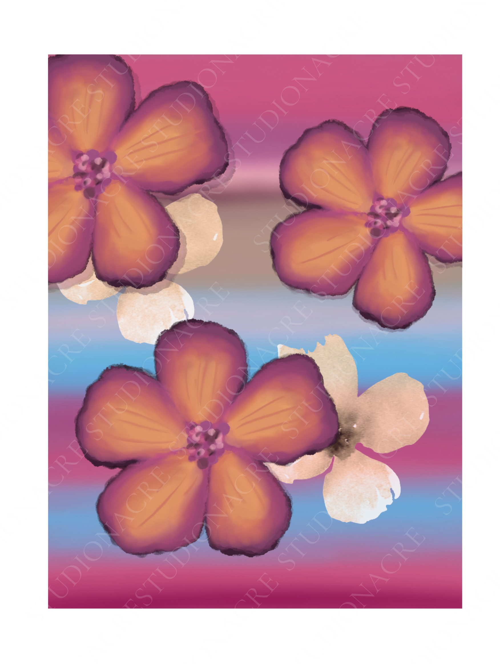 Digital floral print of three orange‑purple five‑petal flowers with small blush blossoms on a magenta, blue, and taupe gradient background.