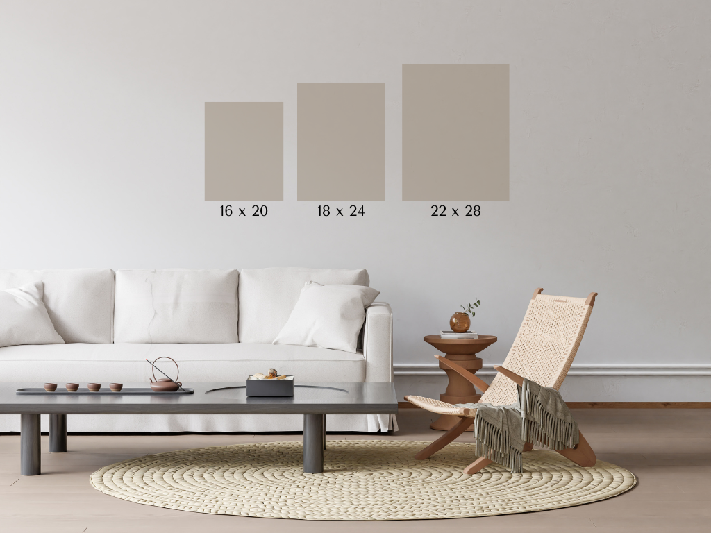 Size guide mockup in a neutral living room showing wall art dimensions 16×20, 18×24, and 22×28 inches above a sofa for scale.