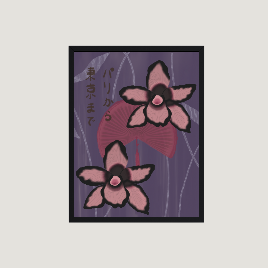 Framed wall art of the two same orchid and fan illustration with a Japanese text saying 'from paris to tokyo', set in a slim black frame on a light gray wall.