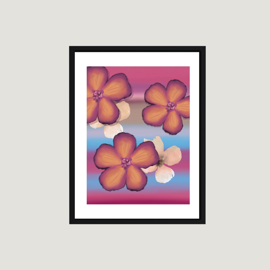 Framed art print with three orange‑purple flowers and pale blossoms on a pink‑to‑blue gradient, black frame with white mat.