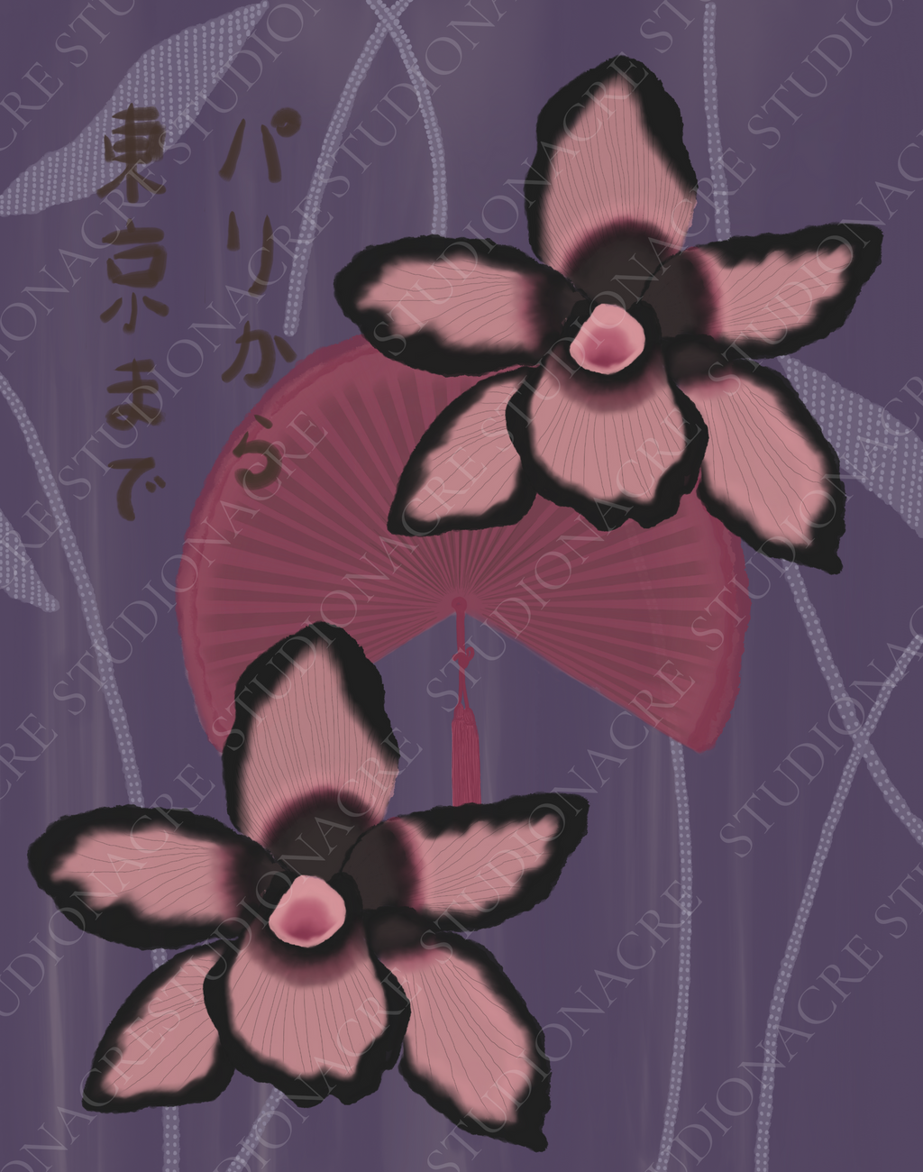 Illustration of two pink orchids with black edges on a plum‑purple background with ribbon‑like lines, a pink folding fan, and vertical Japanese text that reads “From Paris to Tokyo.”