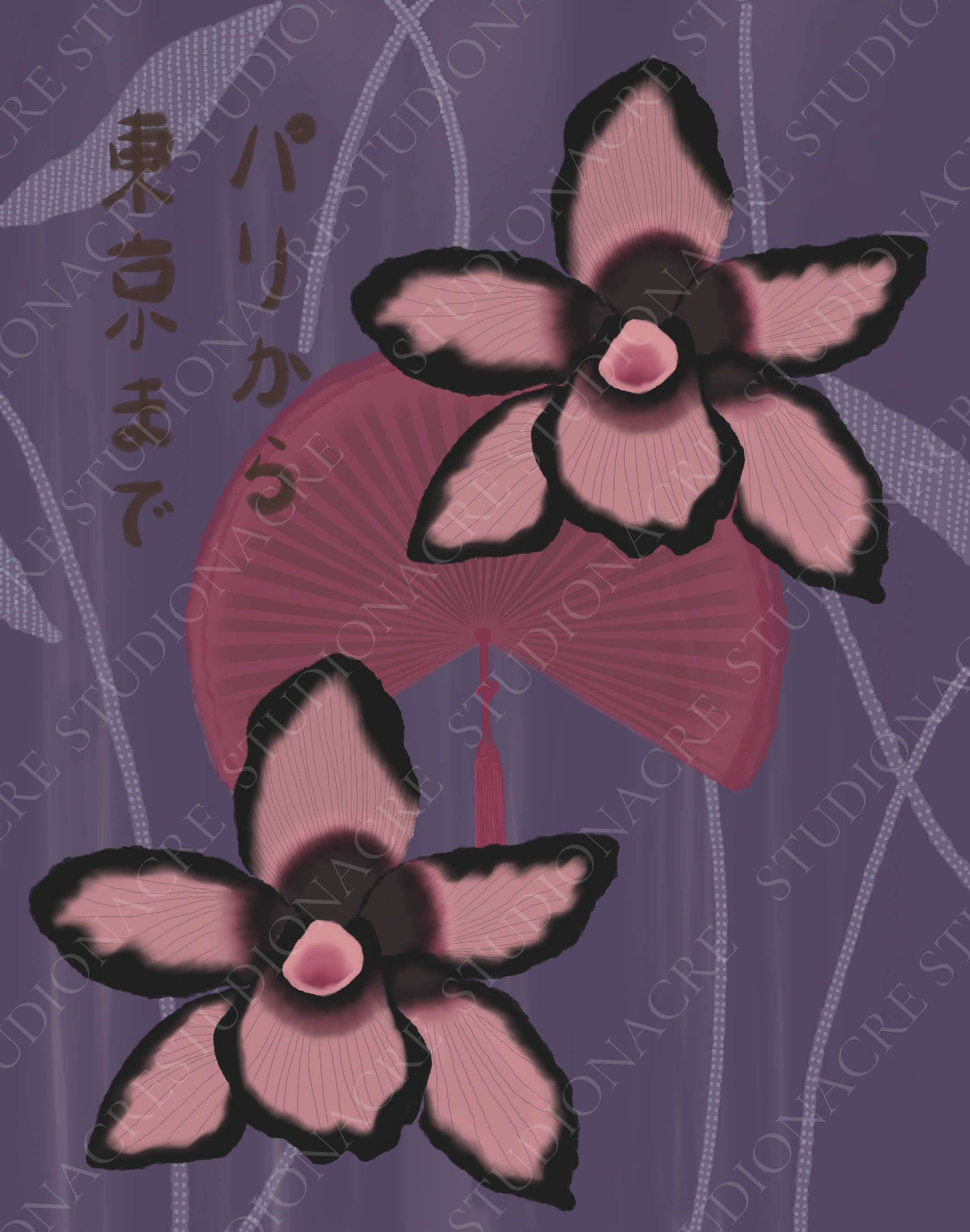 Illustration of two pink orchids with black edges on a plum‑purple background with ribbon‑like lines, a pink folding fan, and vertical Japanese text that reads “From Paris to Tokyo.”